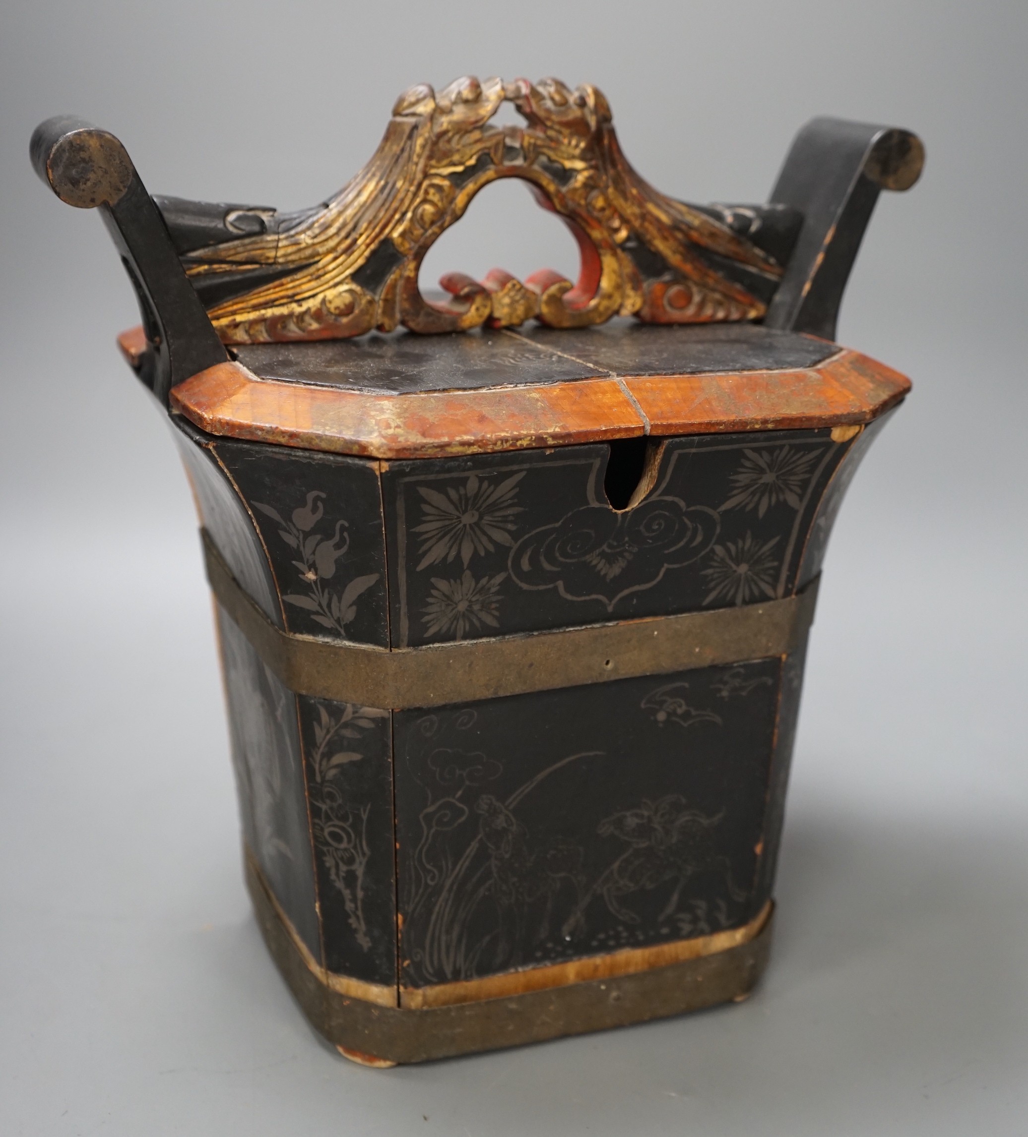 A Chinese antique tea caddy with painted dragon handle decoration, 31cm tall